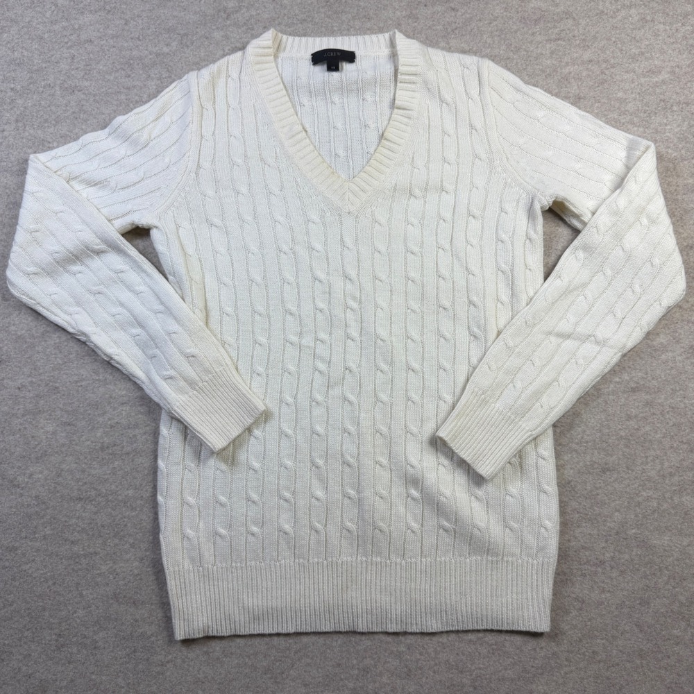 J.Crew Womens XS Cream White Cable Knit V-Neck Sweater Long Sleeve Preppy